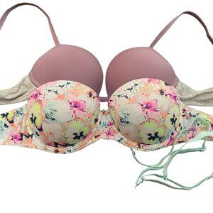 Lot 2 Victoria’s Secret Wear Everywhere Push Up Bras 32B Floral Strapless Padded